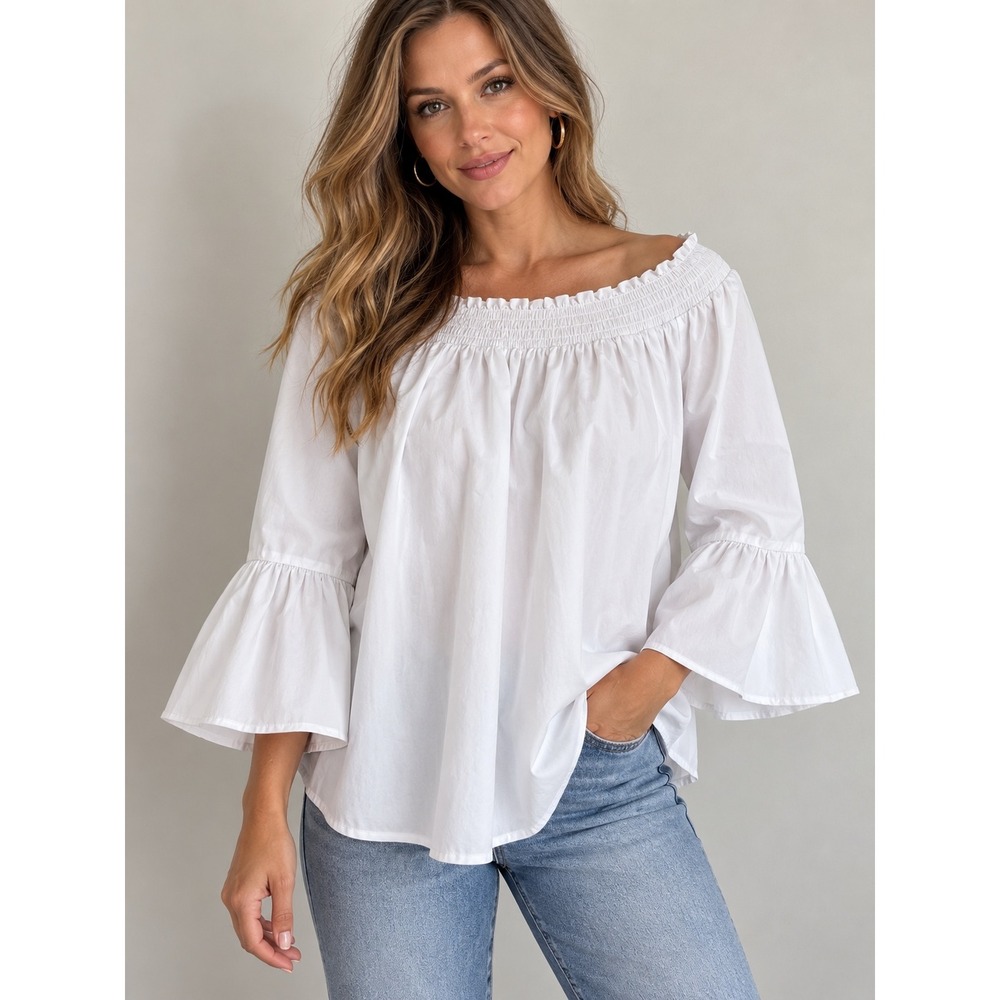 Copper Key Blouse Women XL White NWT Smocked Off Shoulder Bell Sleeve CJ2136CCZ1